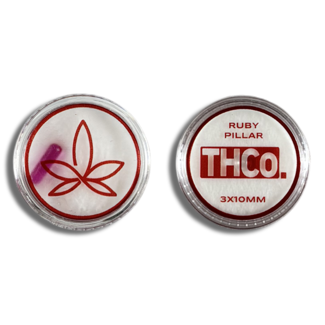 Two round containers with the THCo. The Heady Co. logo, containing 3x10mm Ruby Pillars