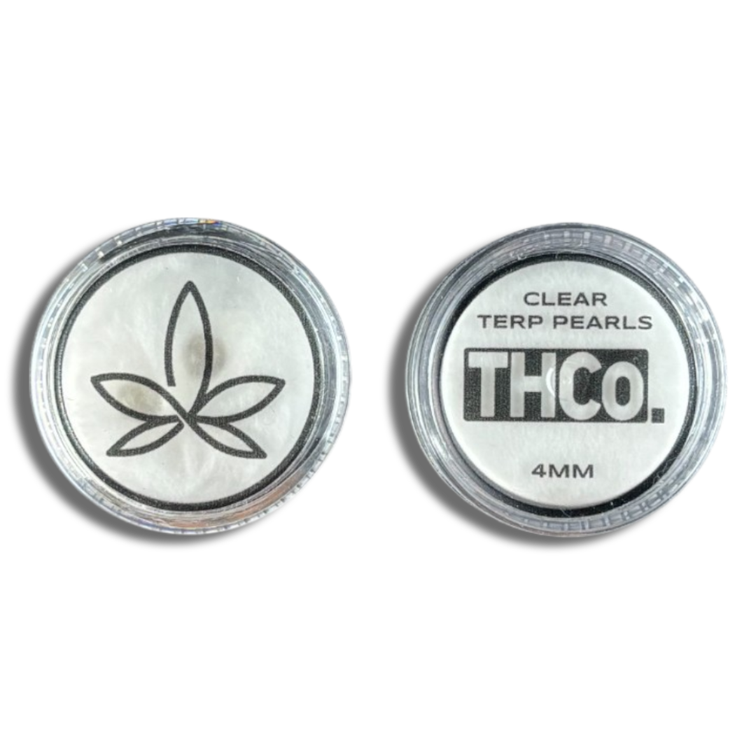 Two clear containers each containing a pair of THCo. 4mm Quartz terp pearls