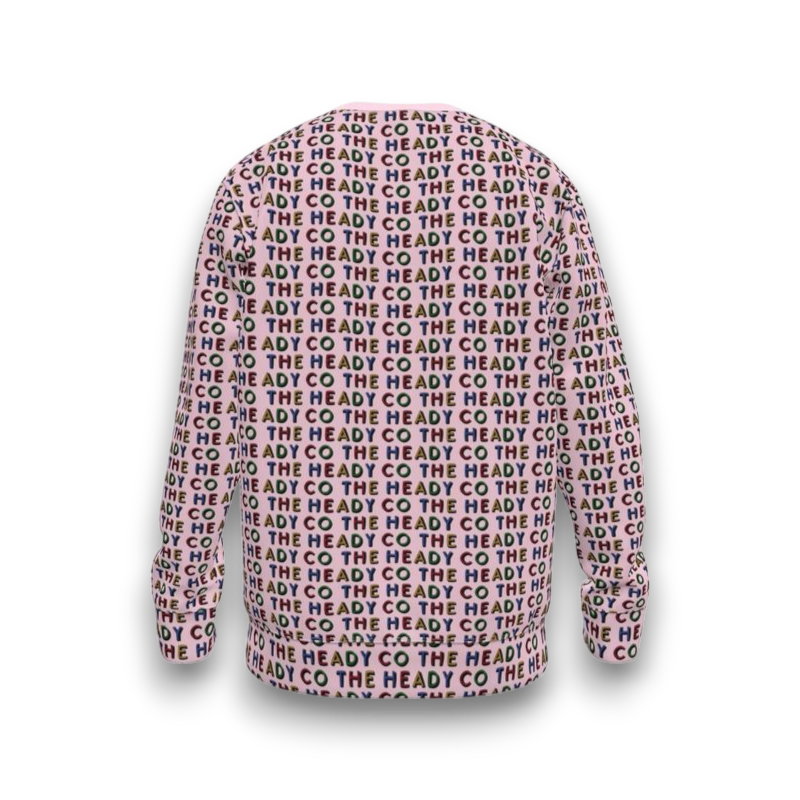 Colorful sweatshirt with 'The Heady Co' text pattern on a pink background