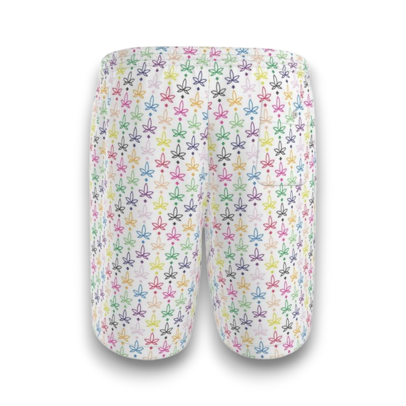 White shorts with colourful infini-leaf pattern