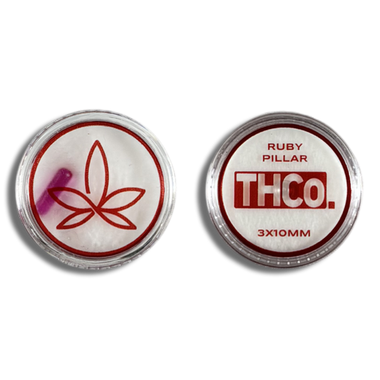Two round containers with the THCo. The Heady Co. logo, containing 3x10mm Ruby Pillars