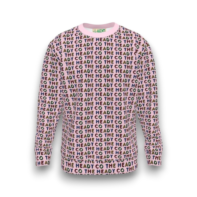 Long-sleeve shirt with 'The Heady Co' text pattern on a pink background