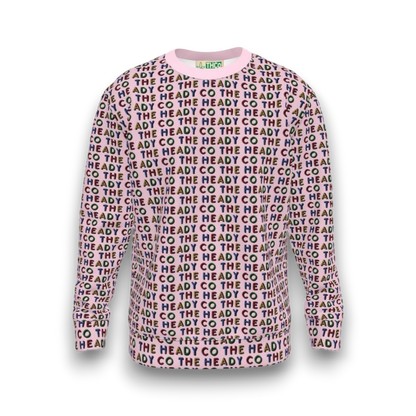 Long-sleeve shirt with 'The Heady Co' text pattern on a pink background