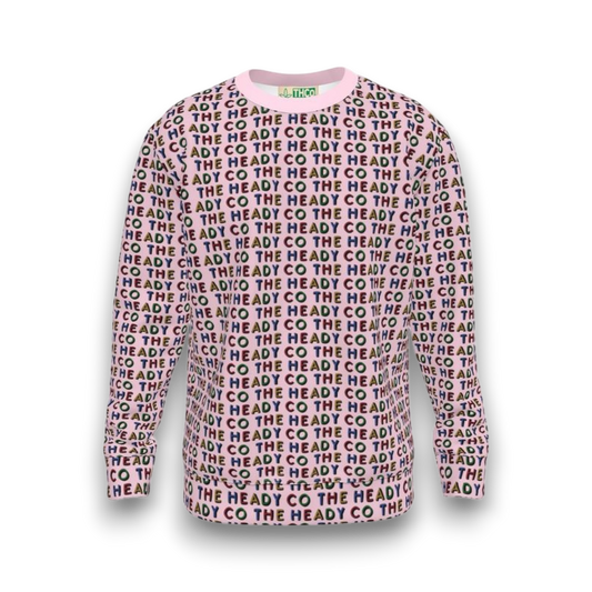 Long-sleeve shirt with 'The Heady Co' text pattern on a pink background