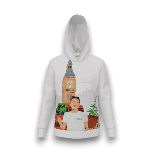 Gray hoodie with a graphic design of a person holding a plant and Big Ben 