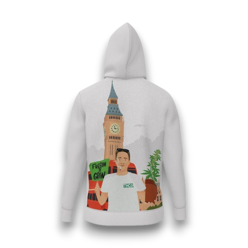 White hoodie with a graphic design of a person holding a plant and Big Ben 