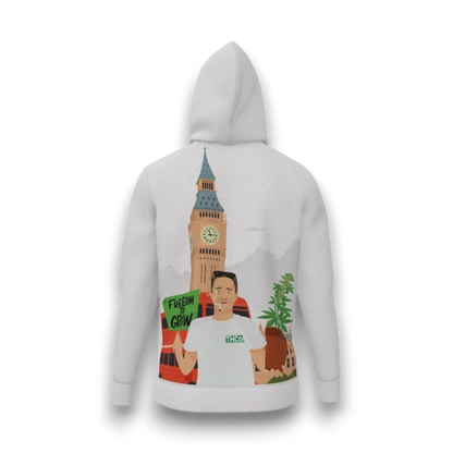 White hoodie with a graphic design of a person holding a plant and Big Ben 