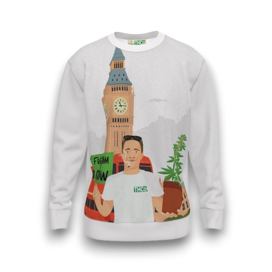 Gray sweatshirt with a graphic design of a person holding a plant and Big Ben on a white background