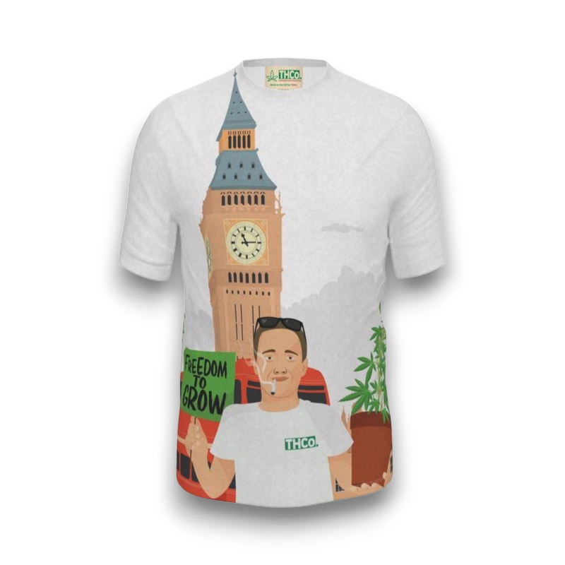 White t-shirt with graphic design of a clock tower and person smoking a cigarette, featuring the THCo. brand.