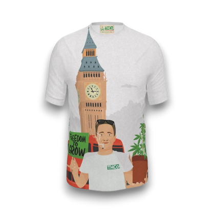 White t-shirt with graphic design of a clock tower and person smoking a cigarette, featuring the THCo. brand.