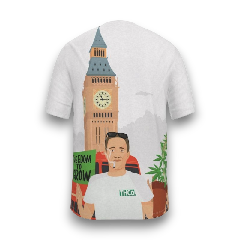 White t-shirt with a graphic design of a man holding a plant and a sign, with Big Ben in the background.