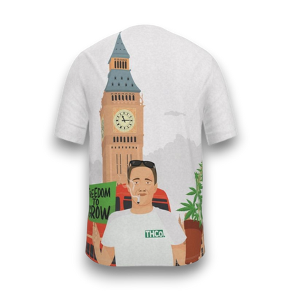 White t-shirt with a graphic design of a man holding a plant and a sign, with Big Ben in the background.