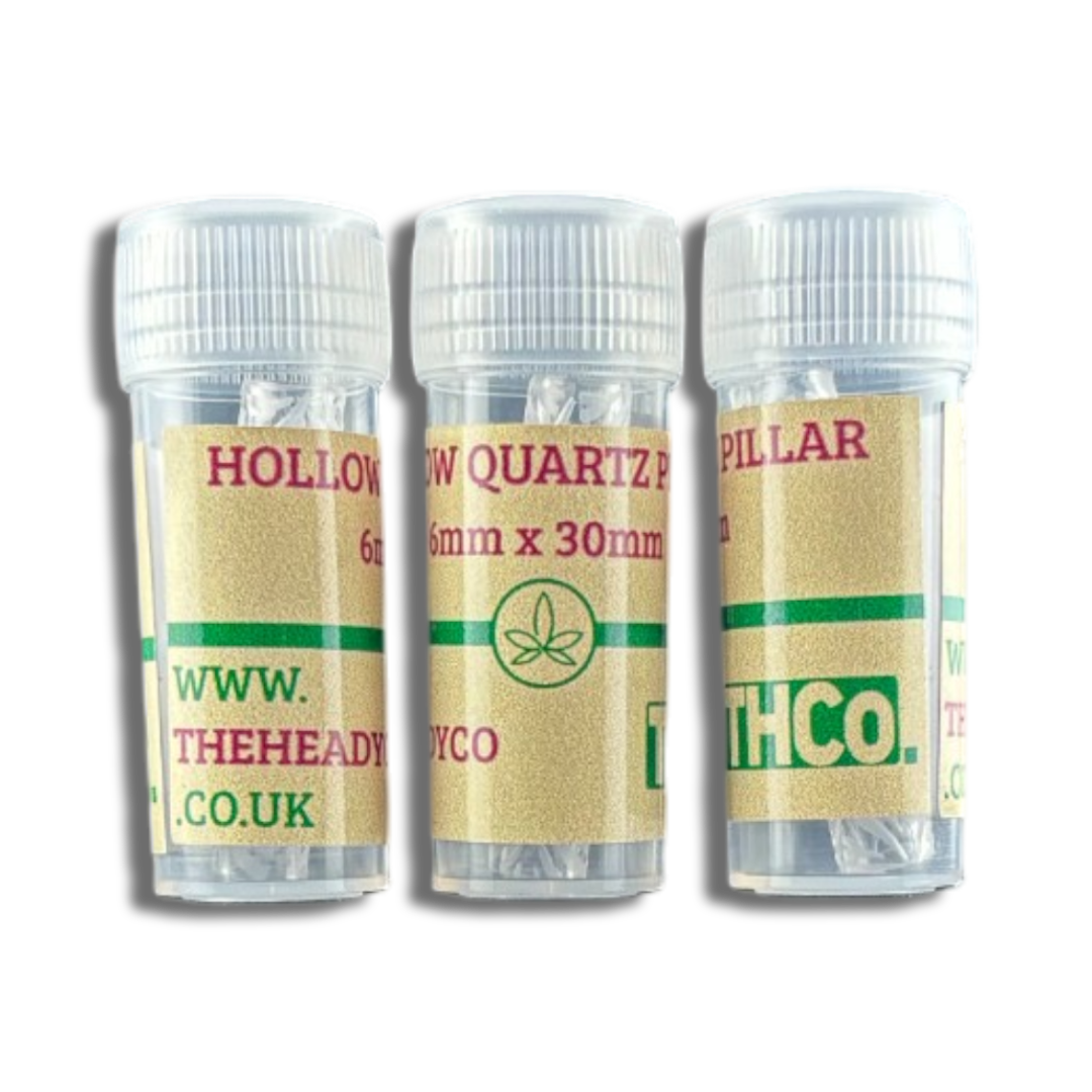 Three clear containers holding Hollow Quartz Pillars made by THCo.