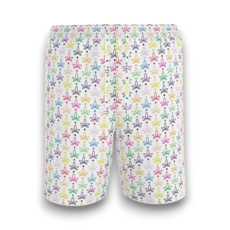 white shorts with colourful infini-leaf pattern