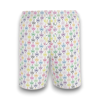 white shorts with colourful infini-leaf pattern