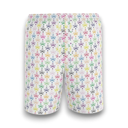 white shorts with colourful infini-leaf pattern