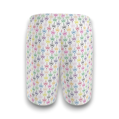 White shorts with colourful infini-leaf pattern