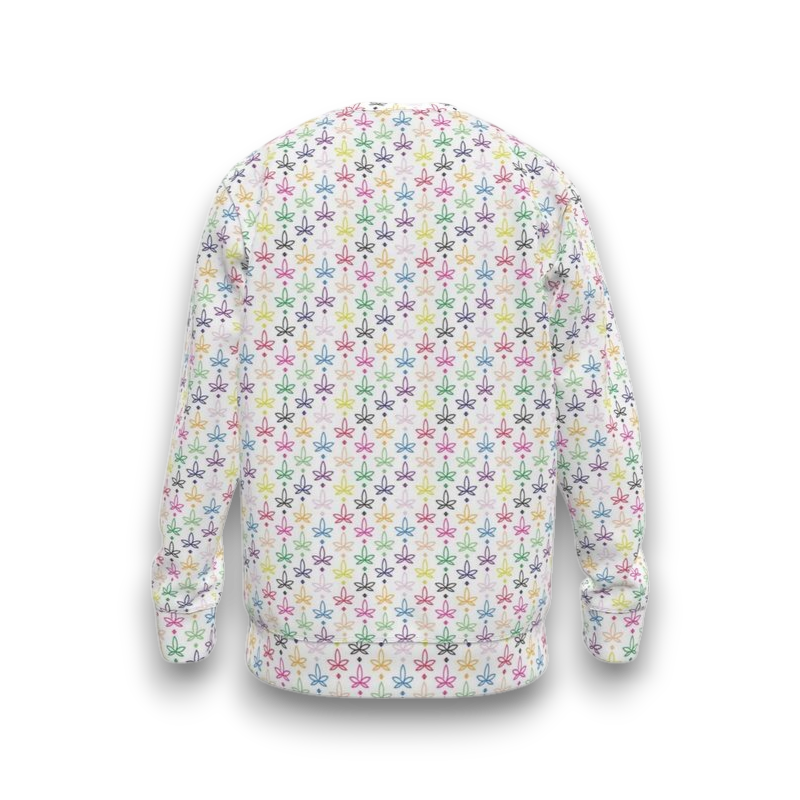 White sweatshirt with colourful infini-leaf pattern