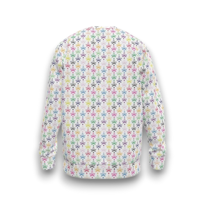 White sweatshirt with colourful infini-leaf pattern