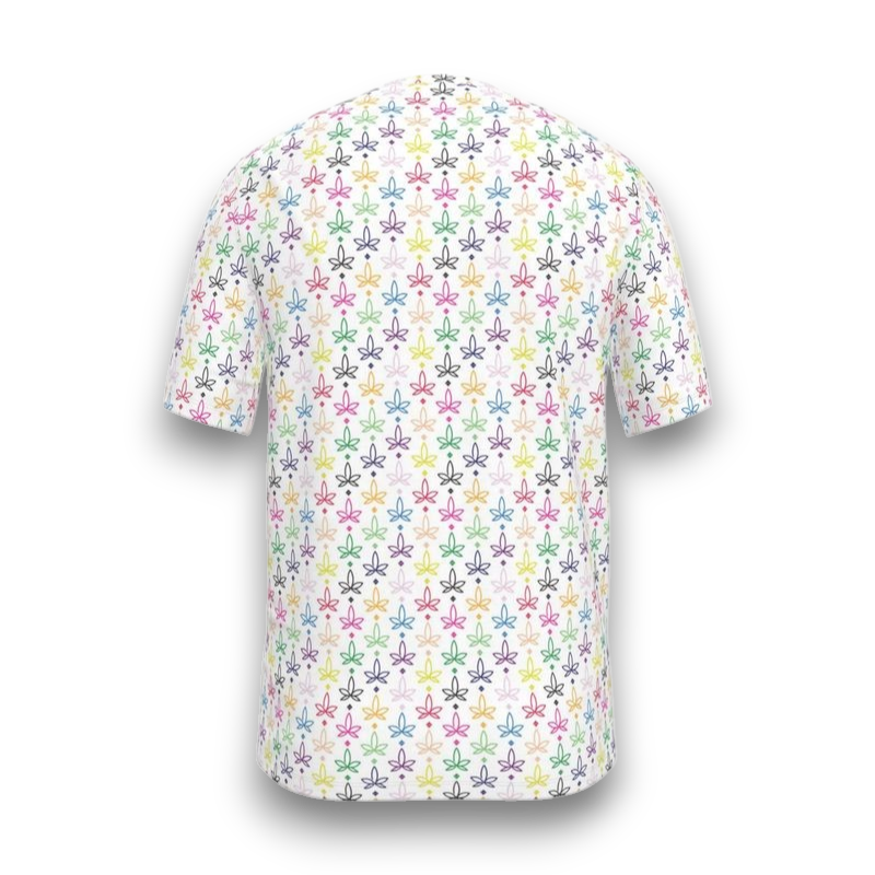 White T-shirt with colourful infini-leaf pattern