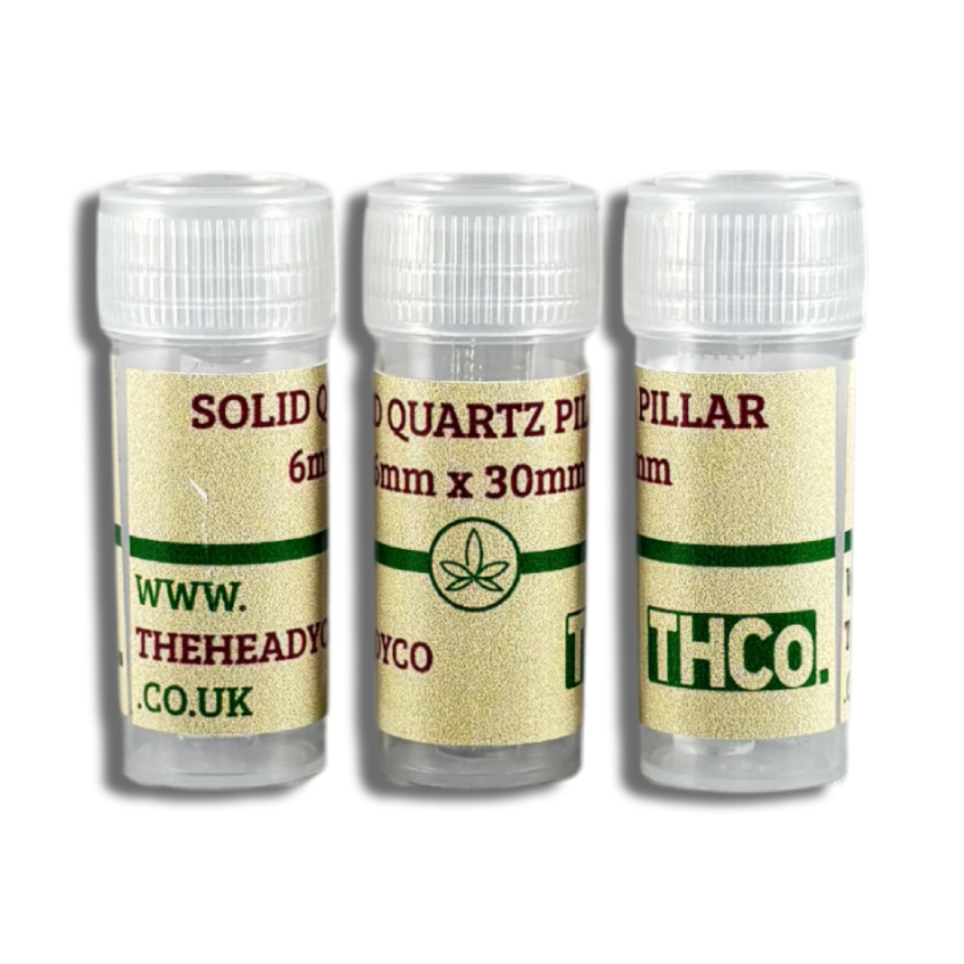 Three small containers holding 6x30mm Solid Quartz Pillars by THCo. The Heady Co.