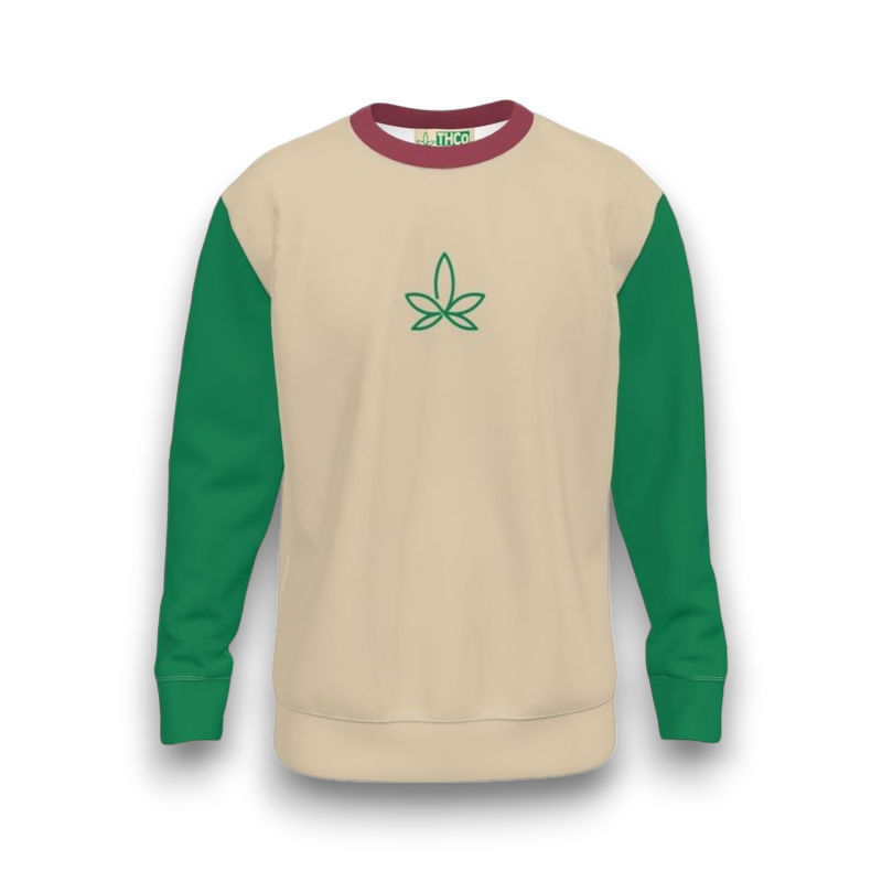 Beige sweatshirt with green sleeves and a green leaf logo 