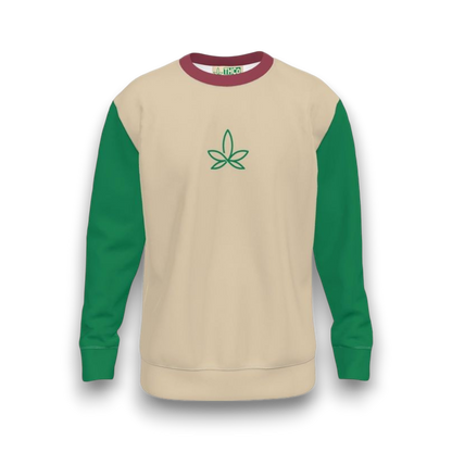 Beige sweatshirt with green sleeves and a green leaf logo 