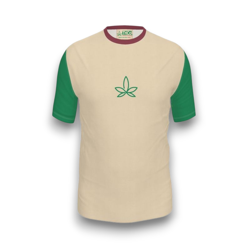 Beige t-shirt with green sleeves and a green leaf logo 