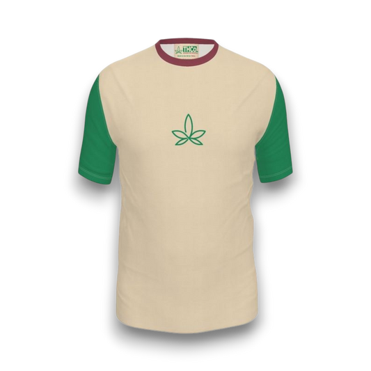 Beige t-shirt with green sleeves and a green leaf logo 