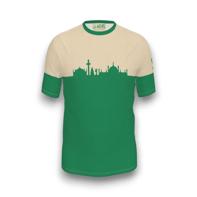 Green and beige t-shirt with a cityscape design