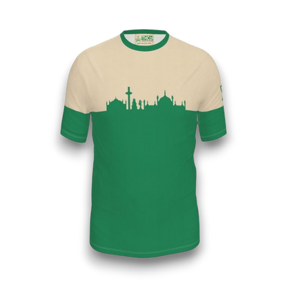 Green and beige t-shirt with a cityscape design