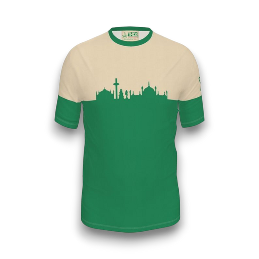 Green and beige t-shirt with a cityscape design