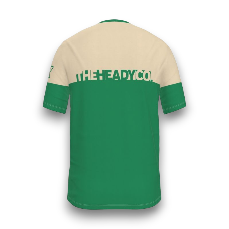 Green and beige shirt with 'THE HEADY CO.' branding 