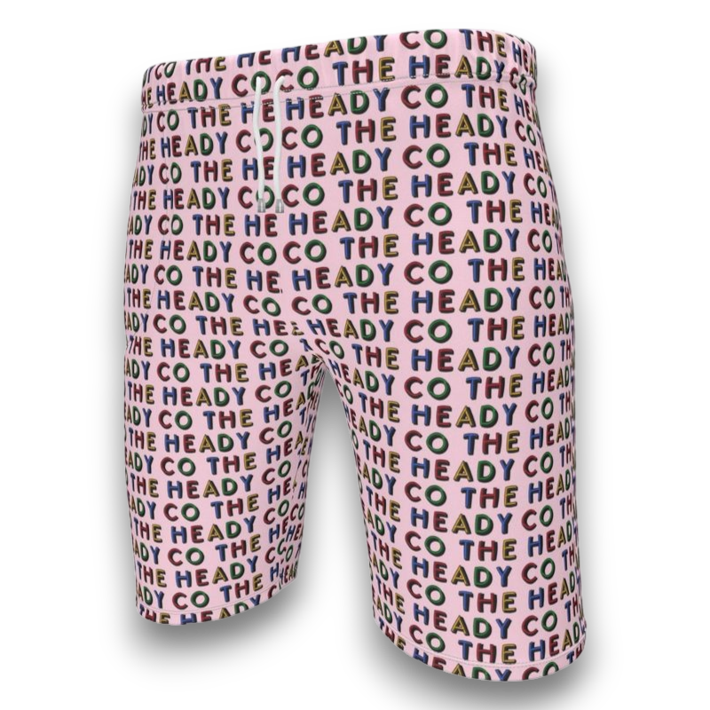 Colorful patterned shorts with 'The Heady Co' text 