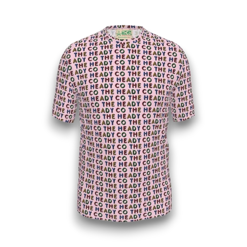 Pink t-shirt with colourful 'The Heady Co' pattern