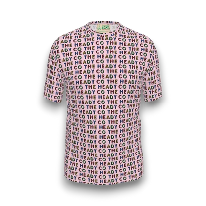 Pink t-shirt with colourful 'The Heady Co' pattern