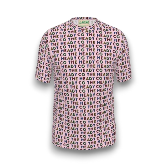 Pink t-shirt with colourful 'The Heady Co' pattern