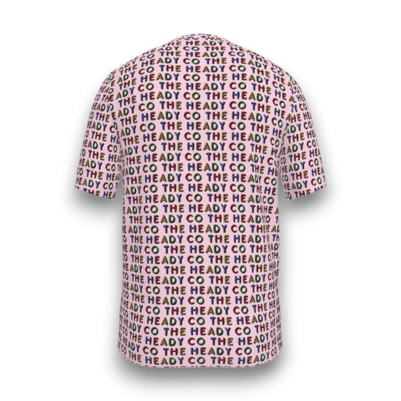 Pink t-shirt with colourful 'The Heady Co' pattern