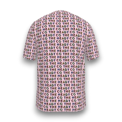 Pink t-shirt with colourful 'The Heady Co' pattern