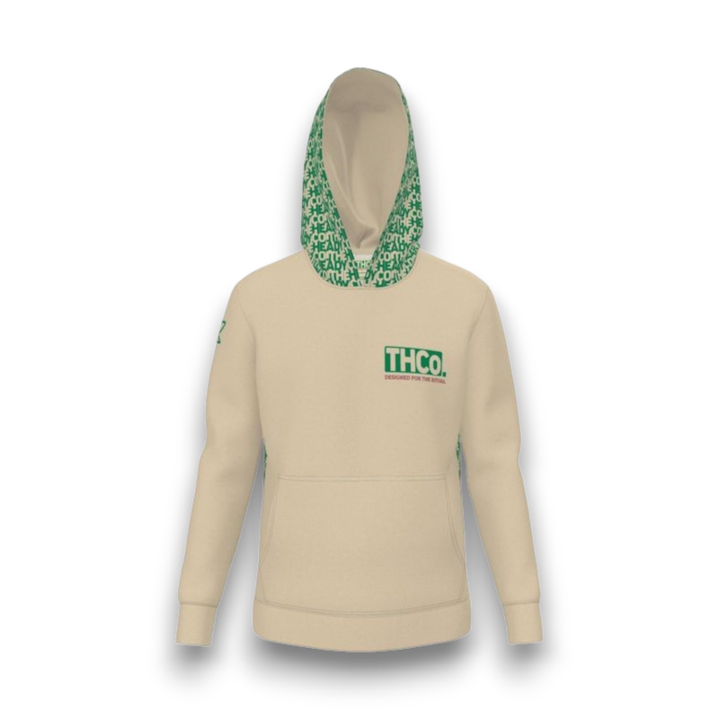 Beige hoodie with green text and pattern 