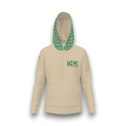 Beige hoodie with green text and pattern 
