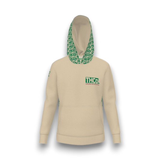 Beige hoodie with green text and pattern 