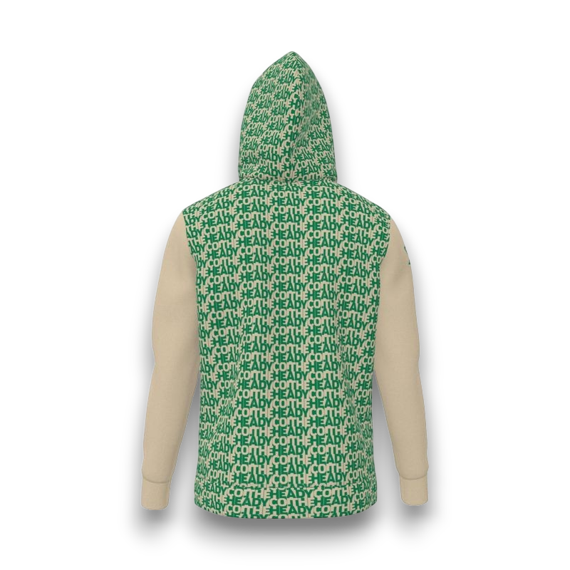 Green and beige hoodie with 'HEADY' text pattern