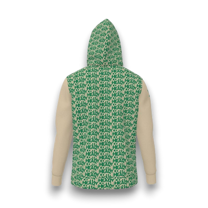 Green and beige hoodie with 'HEADY' text pattern