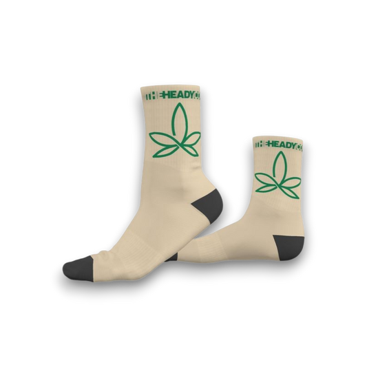 Beige socks with green leaf logo