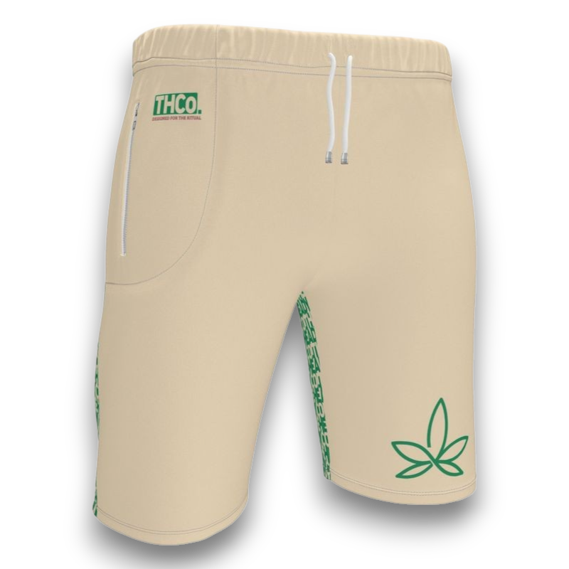 Beige shorts with green leaf logo and 'THCO' branding 