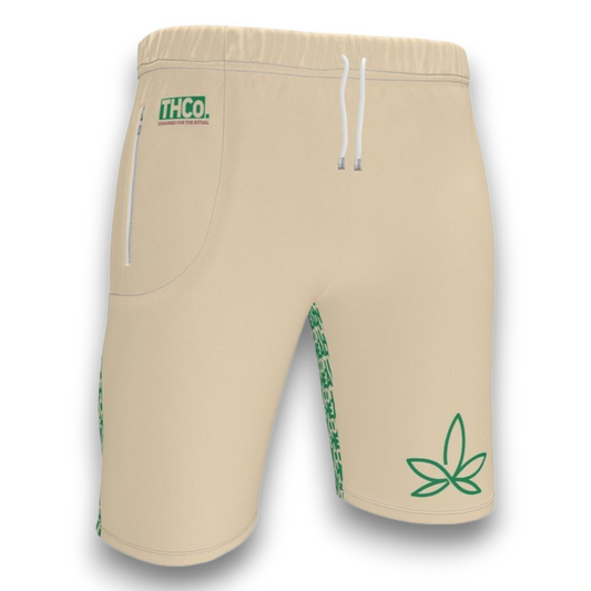 Beige shorts with green leaf logo and 'THCO' branding 