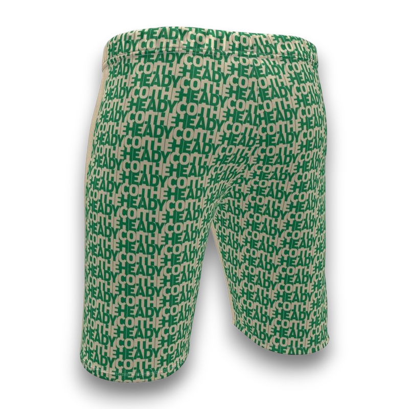 Green and beige shorts with 'HEADY' pattern