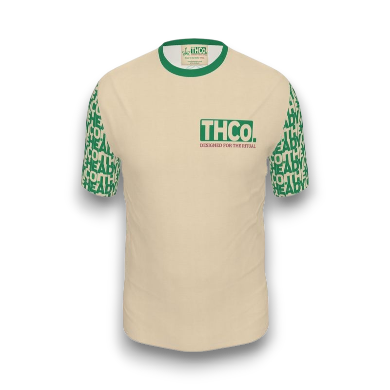 Beige t-shirt with green text and graphics