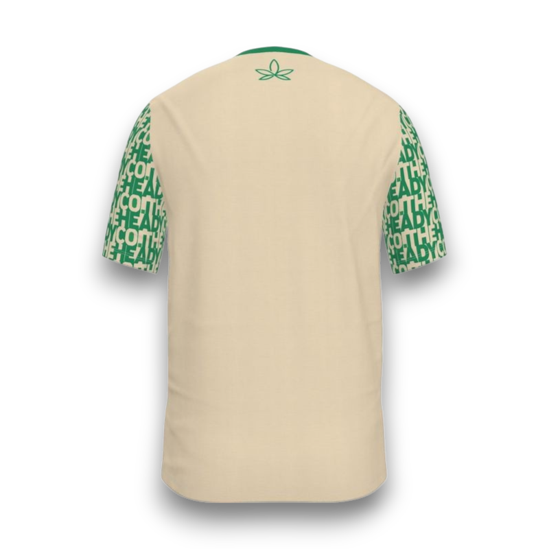 Beige t-shirt with green patterned sleeves 